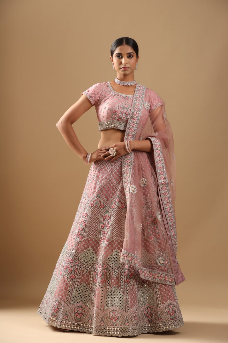 Onion Pink Embroidered Organza Designer Bridal Lehenga Choli