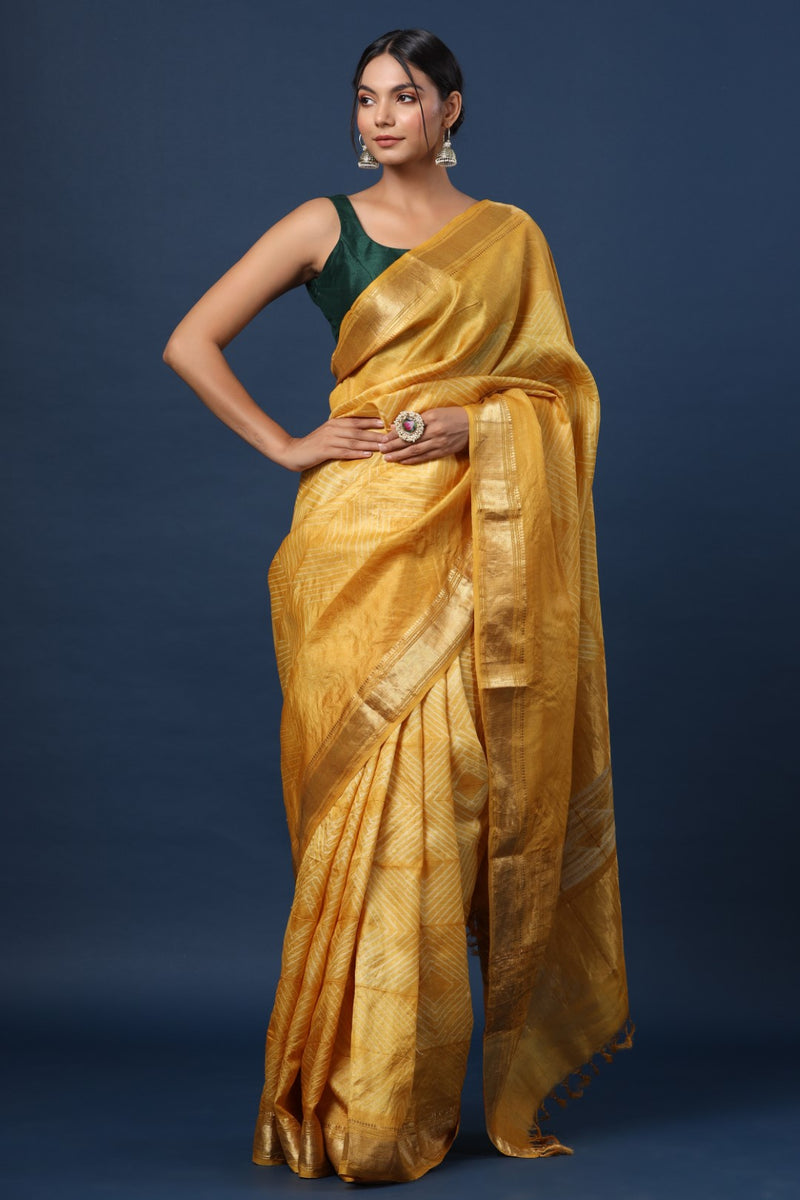 Women's Tussar Silk Yellow Printed Designer Saree With Blouse Piece