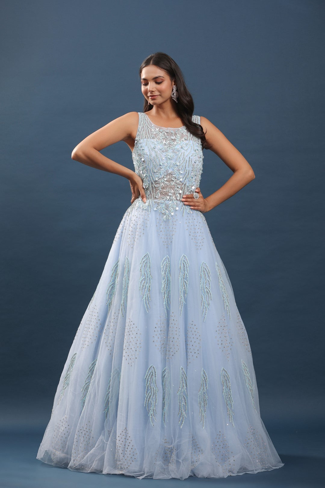 Rang Roop Ice Blue Boat Neck Beads Embellished Bridal Gown – Rang Roop Online