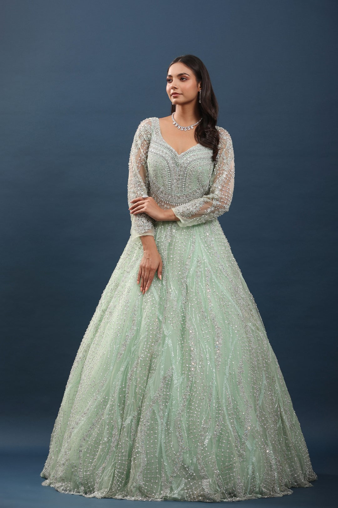Pista Green Sequin Embellished Net Gown Rang Roop Online Pista Green Sequin Embellished Net Gown Rang Roop Online