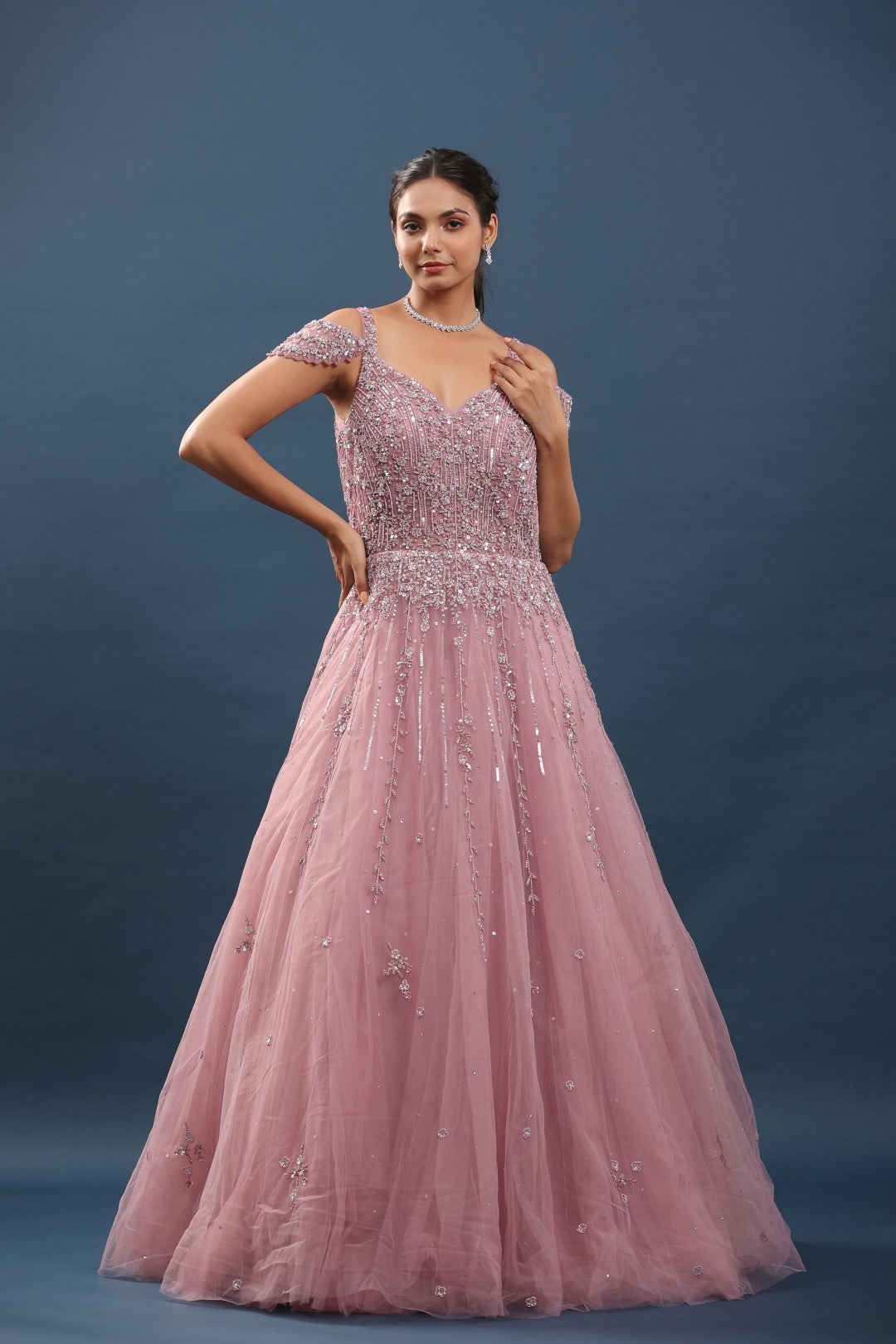 Onion Pink Beads and Resham Embroidered Gown with Cold Shoulder