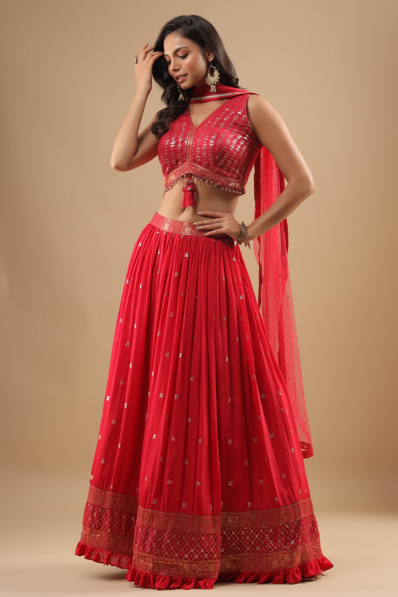 Red Sequin Embellished Crepe Lehenga with Silk Crop Top – Rang Roop Online