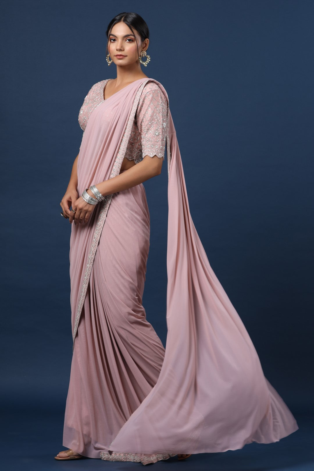 Rang Roop Onion Pink Lycra Pre-draped Saree with Embellished Silk Blouse – Rang ...