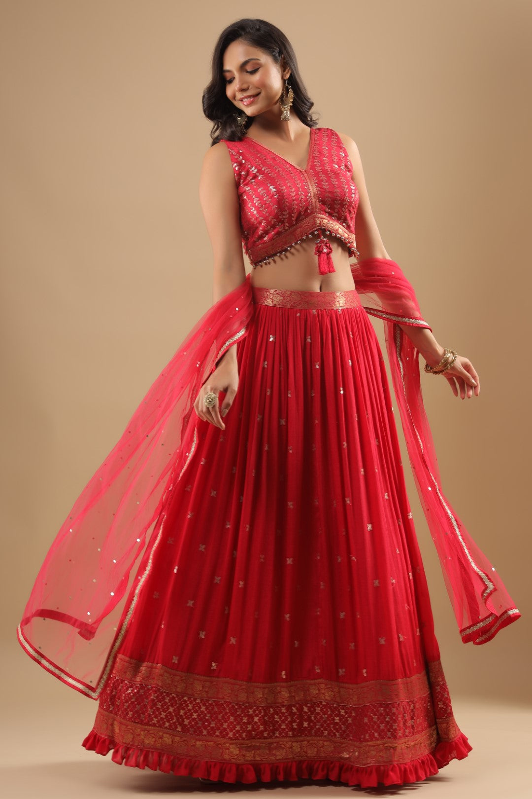 Rang Roop Red Sequin Embellished Crepe Lehenga with Silk Crop Top – Rang Roop Online