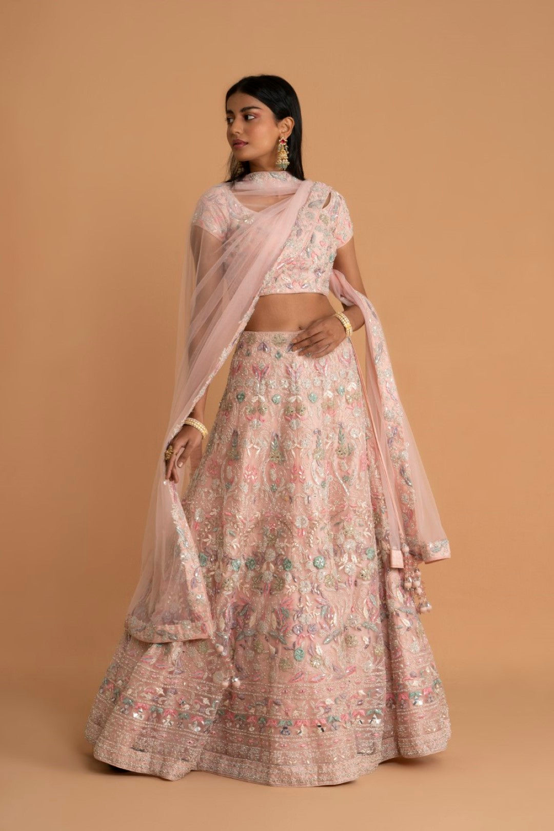 Rang Roop Peach Mirror & Resham Embroidered Net Bridal Lehenga – Rang Roop Online