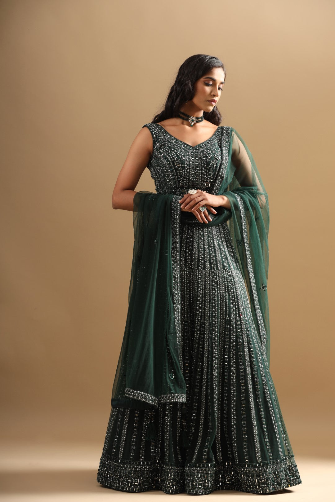 Rang Roop Bottle Green Mirror Embroidered Bridal Lehenga – Rang Roop Online