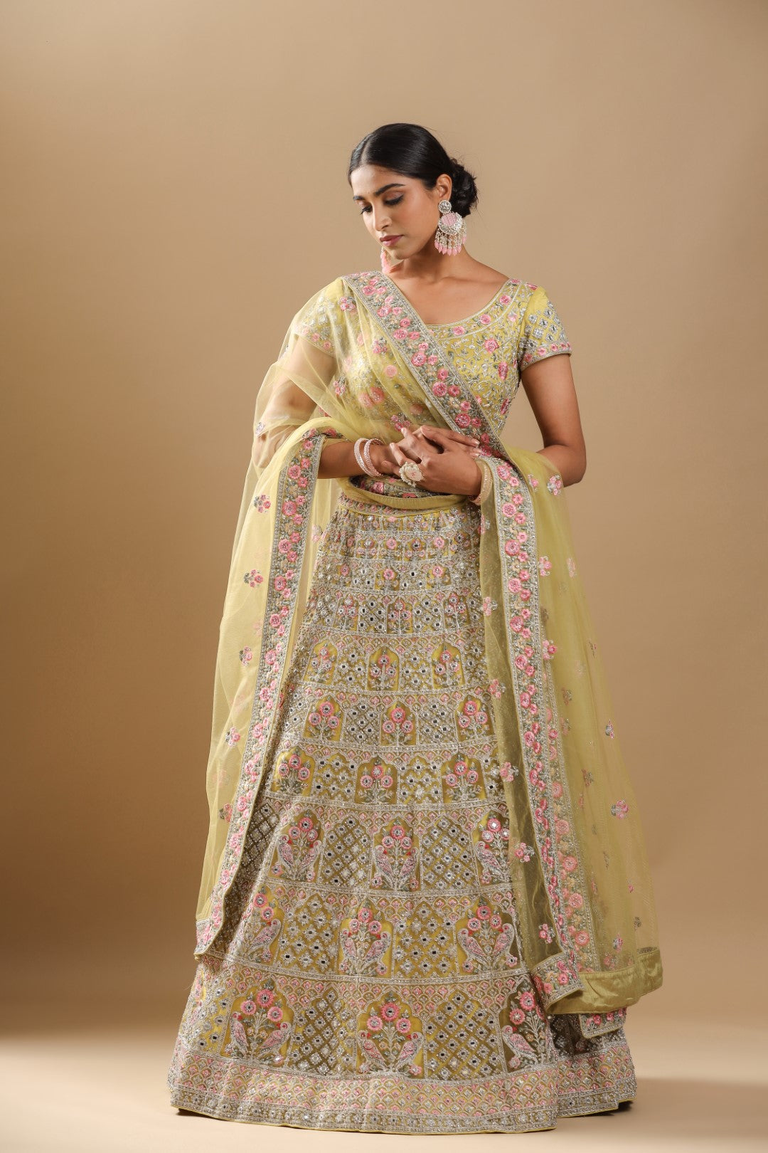 Rang Roop Yellow Mirror Embroidered Net Bridal Lehenga – Rang Roop Online