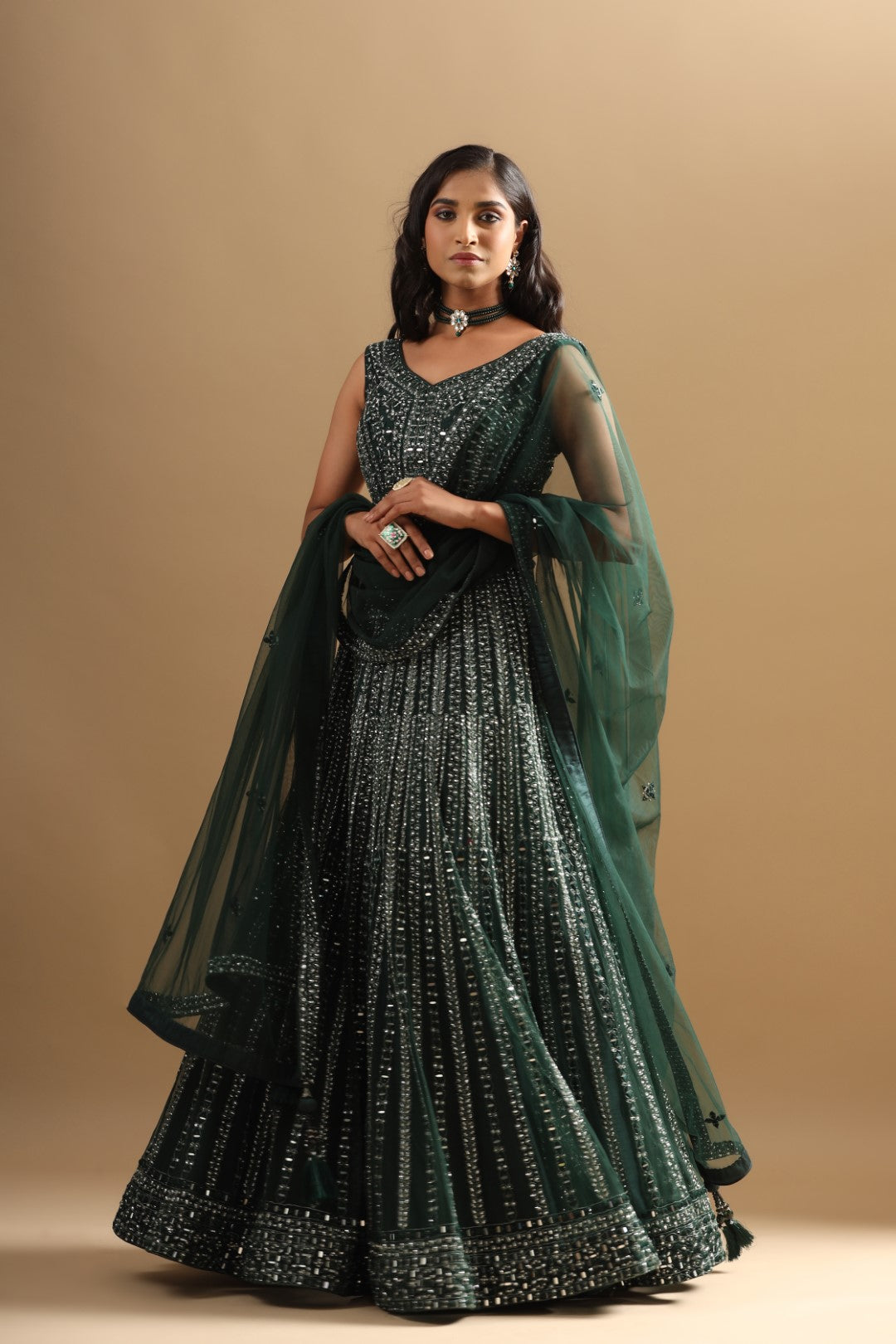 Rang Roop Bottle Green Mirror Embroidered Bridal Lehenga – Rang Roop Online