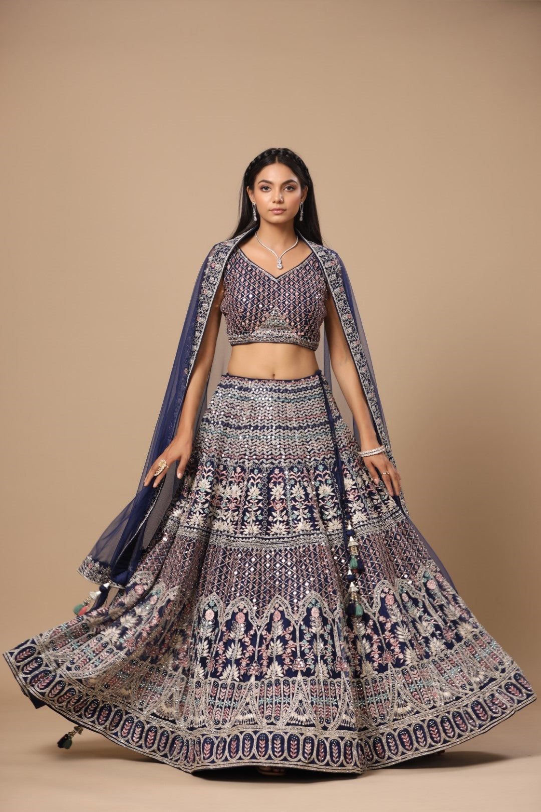 Rang Roop Navy Blue Mirror & Resham Embroidered Net Bridal Lehenga – Rang Roop Online