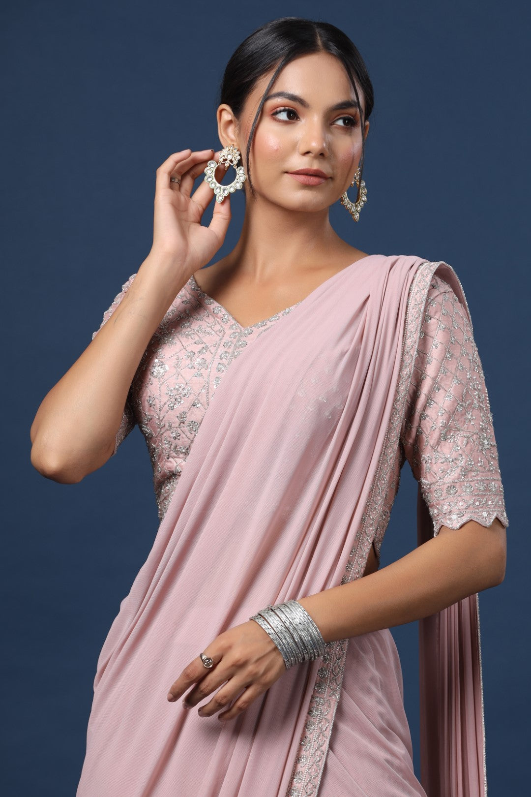 Rang Roop Onion Pink Lycra Pre-draped Saree with Embellished Silk Blouse – Rang ...