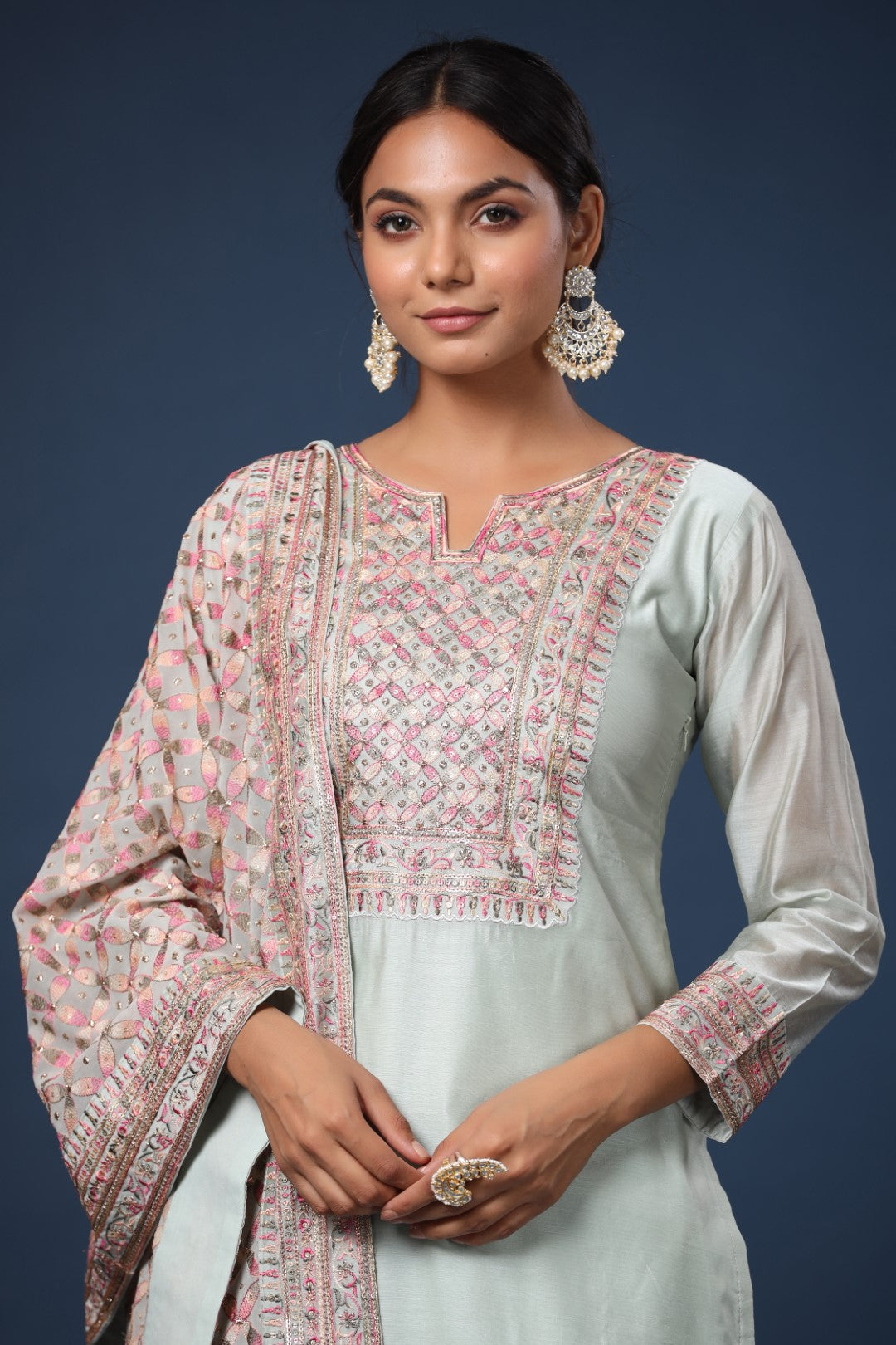 Rang Roop Mint Green Resham Embroidered Straight Cut Salwar Suit with Heavy Dupa ...