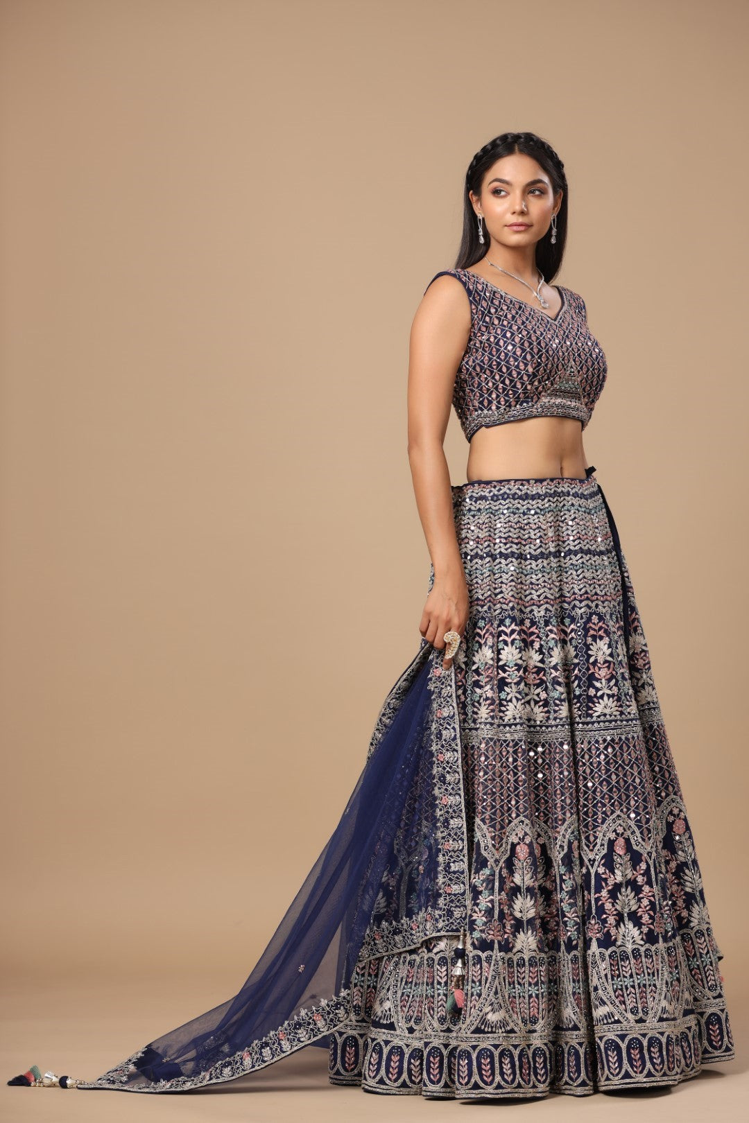 Rang Roop Navy Blue Mirror & Resham Embroidered Net Bridal Lehenga – Rang Roop Online