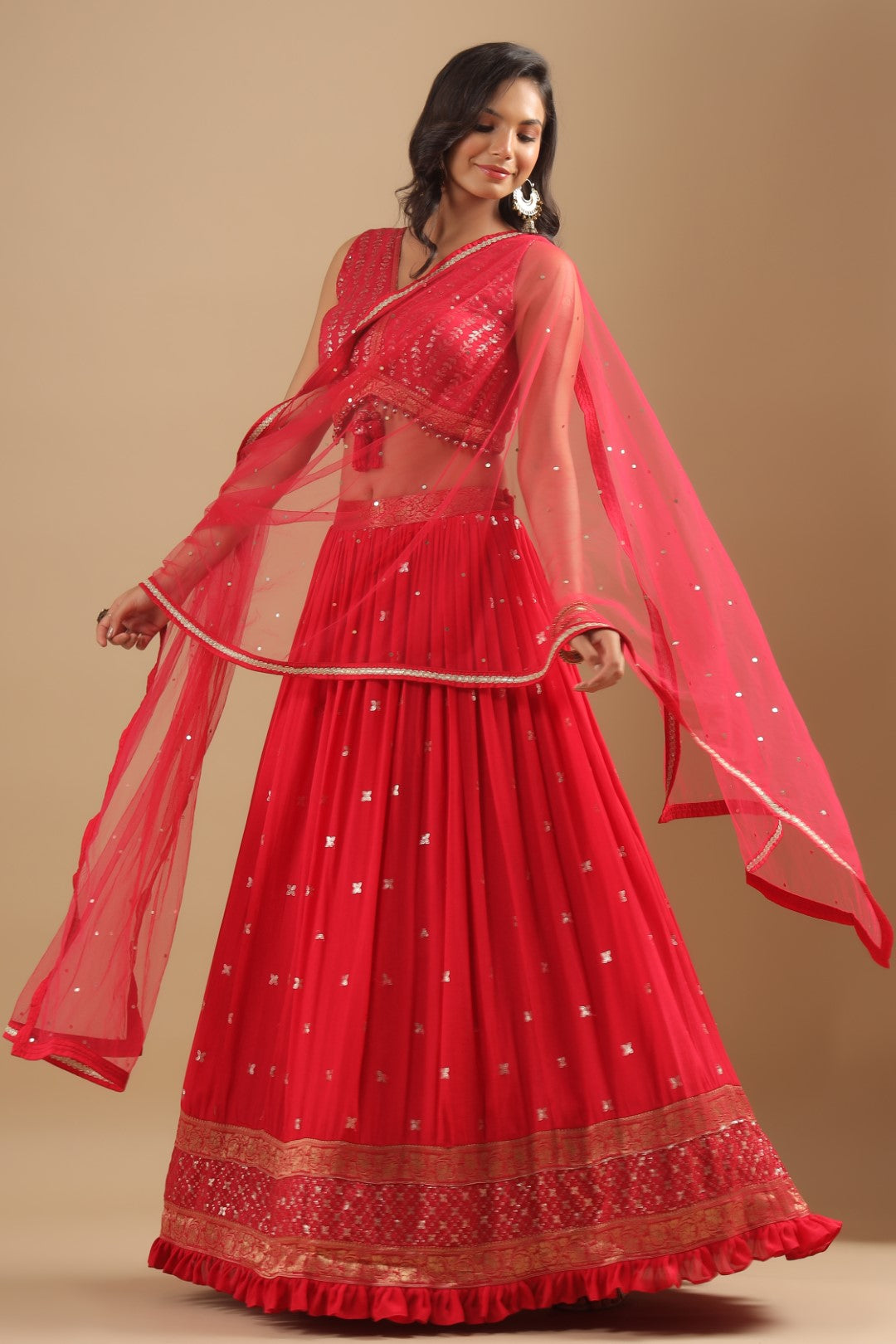 Red Rang Red Sequin Embellished Crepe Lehenga with Silk Crop Top β Rang Roop Online