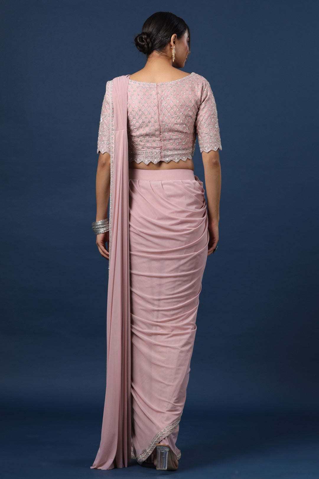 Rang Roop Onion Pink Lycra Pre-draped Saree with Embellished Silk Blouse – Rang ...