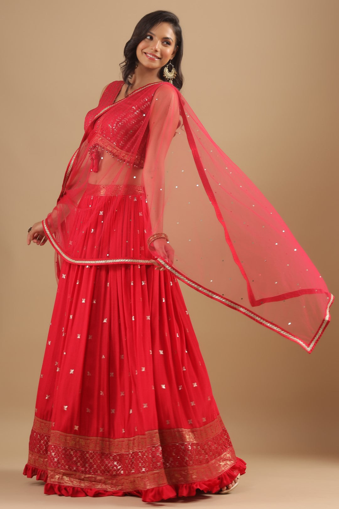 Red Rang Red Sequin Embellished Crepe Lehenga with Silk Crop Top β Rang Roop Online